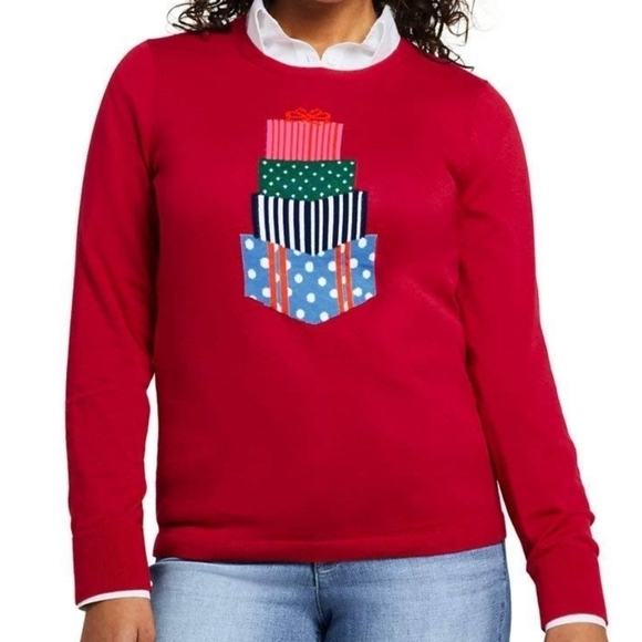 Lands' End Re Supima Cotton Stacked Gifts/Presents Holiday Sweater L - Picture 1 of 4